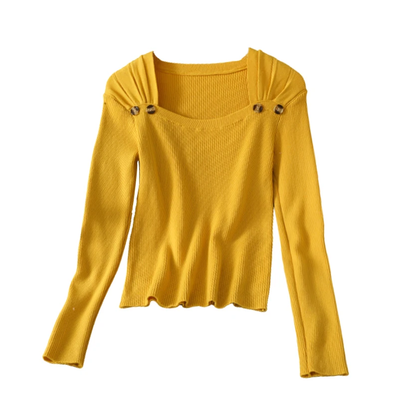

Women Fashion Slim Bodycon Low Collar Buttons Solid Knitted Blouse Lady Sweet Casual Outdoor Top Girls Elegant Daily Basic Shirt