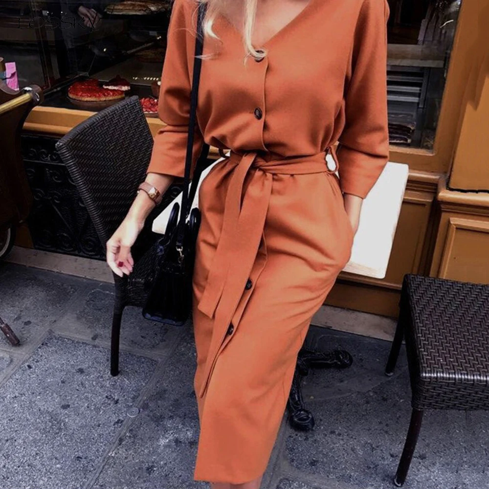 Длинное платье на осень и весну элегантная Офисная Женская одежда с длинным