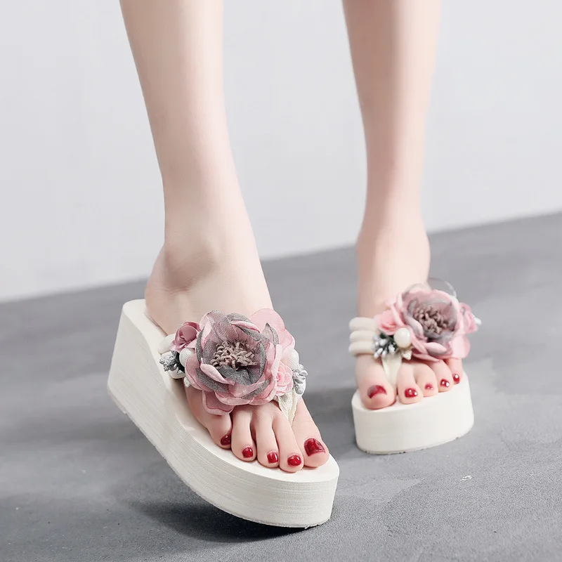 Apricot and Pink Женские летние шлепанцы на высоком каблуке 6 см; женские шлепанцы ручной работы; Летние вьетнамки; женские пляжные сандалии в богемном стиле; домашние тапочки - Цвет: Apricot and Pink