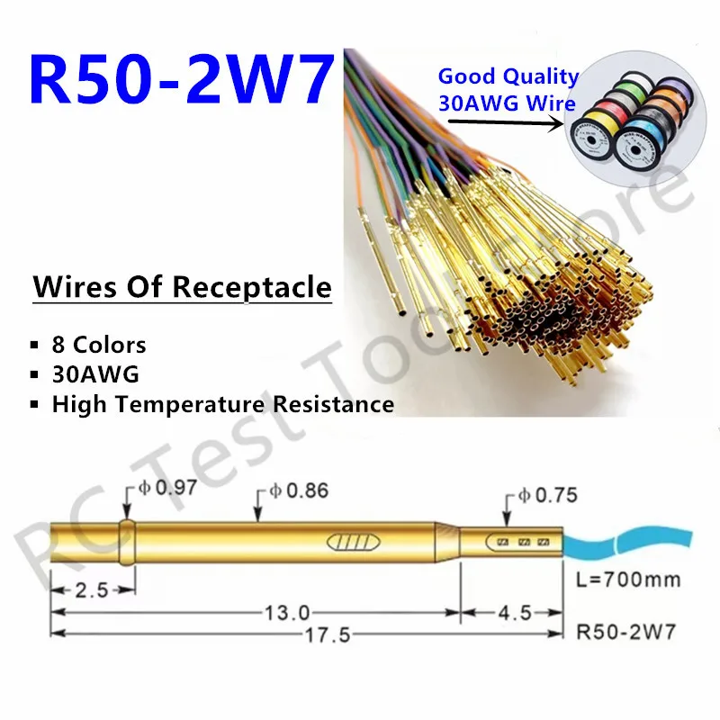 Tomada R502w7 Comprimento da Sonda de Teste Primavera 17.5 Milímetros Pino Pogo Receptáculo Pcb Nua Fio Pré-wired 30awg Fio Resistente a Altas Temperaturas Fios elétricos