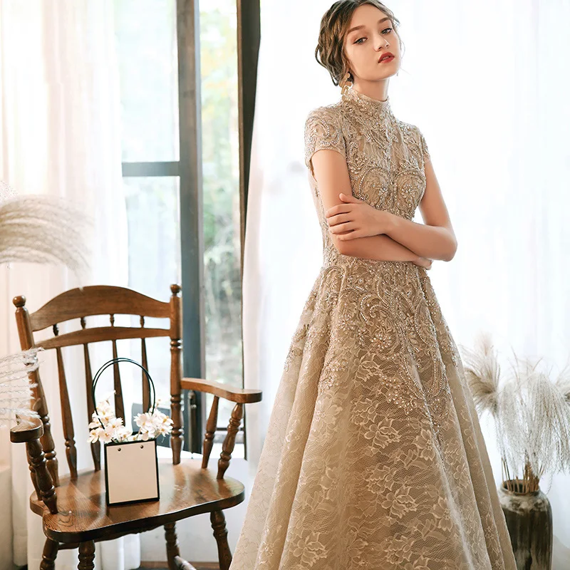 Женское вечернее платье SSYFashion элегантное серое для банкета с блестками спереди и