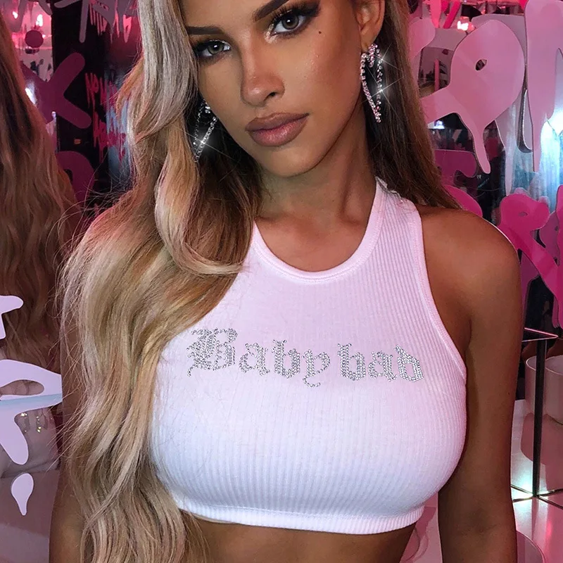 

Black vest with letters O-neck sleeveless Tight slim Sexy Crop top Sport Casual women's sweatshirts for Party Home Nightclub