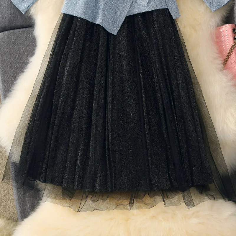 ALPHALMODA модный костюм платье осеннее платье тонкий свитер с длинными рукавами+ Сетчатое платье Элегантный комплект из 2 предметов