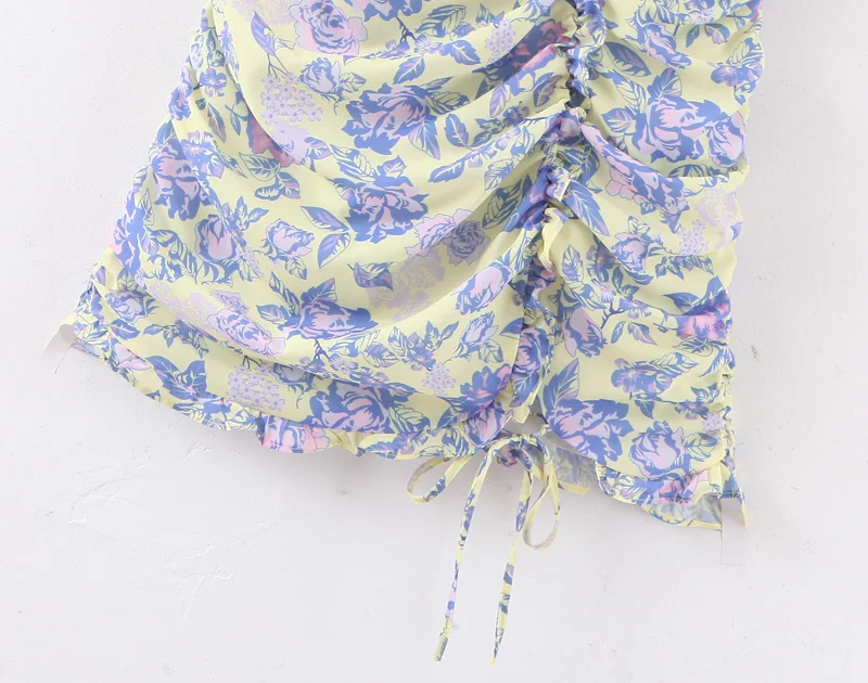 

Elegant vintage floral print chiffon pleated dress woman slim A line high waist sleeveless holiday summer beach mini dress