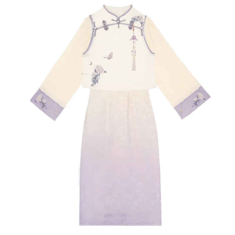 

Baiqijuan Embroidered Gradient Dress for Women Spring and Autumn New Republic of China Style Cheongsam Two-Piece Suit