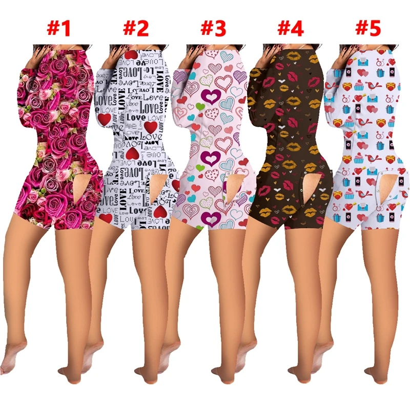 

ZKYZWX Valentine's Day Playsuit Pajamas for Women Adult Onesie with Butt Flap Sexy One Piece Outfit Sleepwear Short Jumpsuits
