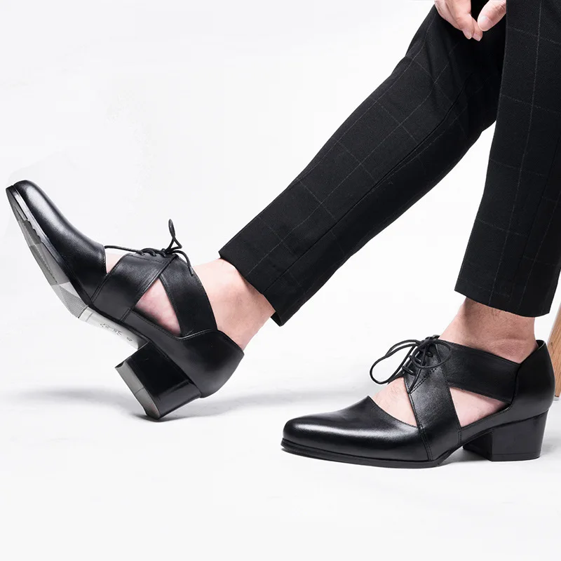 Сандалии мужские из натуральной кожи босоножки на высоком каблуке заостренный