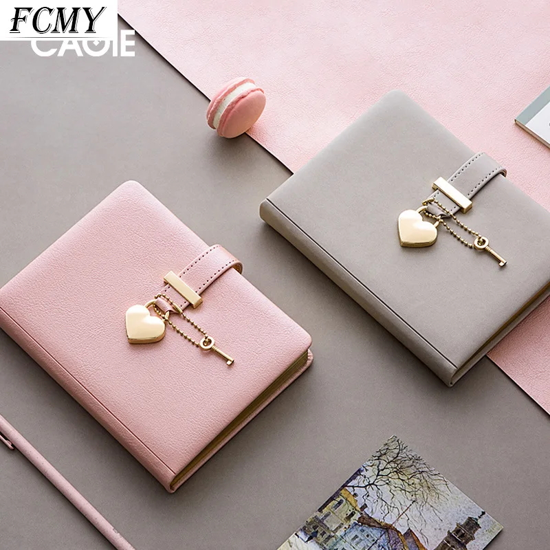 

Couple B6 Diary with Heart Lock PU Leather Notebook School Supplies Lockable Password Writing Pads Girl Women Gift