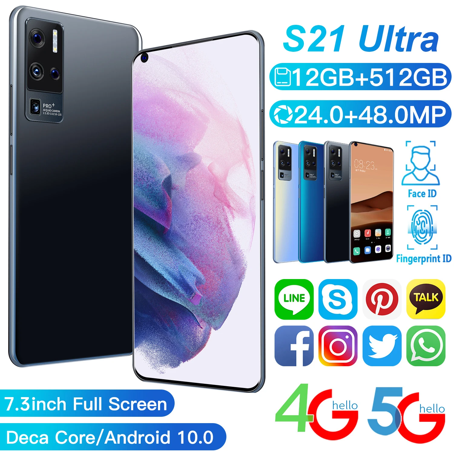 

Fast Shipping Global Version S21 Ultra 7.3 Inch + Smartphone 12G 512GB Dual SIM Dual Standby Support 4G 5G Network Smart Phone