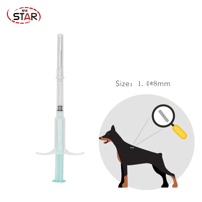 

40pcs 1.25x7/2.12x12/1.4x8mm Em4305 Pet Microchip RFID Animal Glass Tag Injector Veterinary Syringe with implantable chips