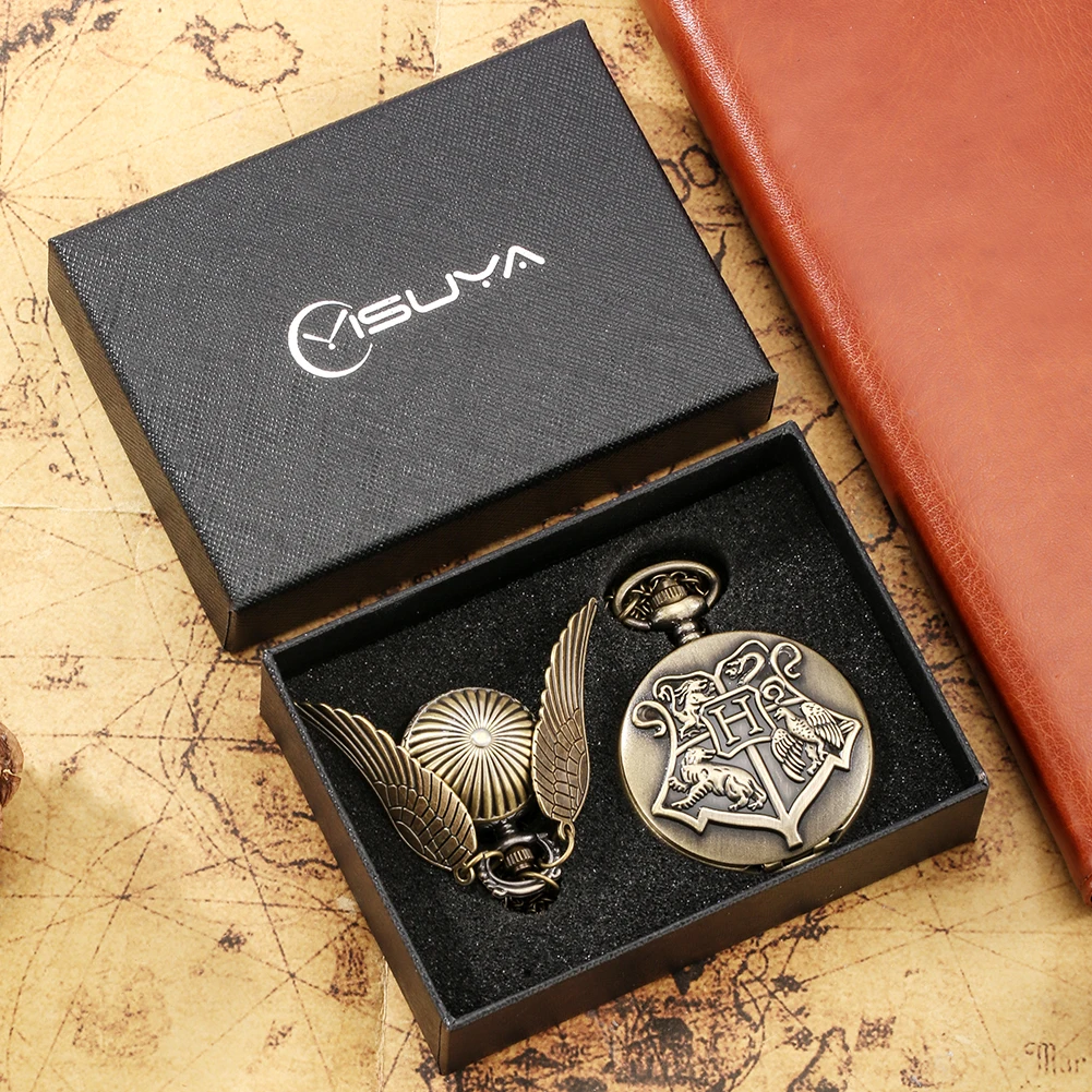 Retro Pocket Watch Set Bronze H Pattern Quartz Dial Watch Mini Wings Little Clock with Chains Exquisite Suit for Grandpa Dad