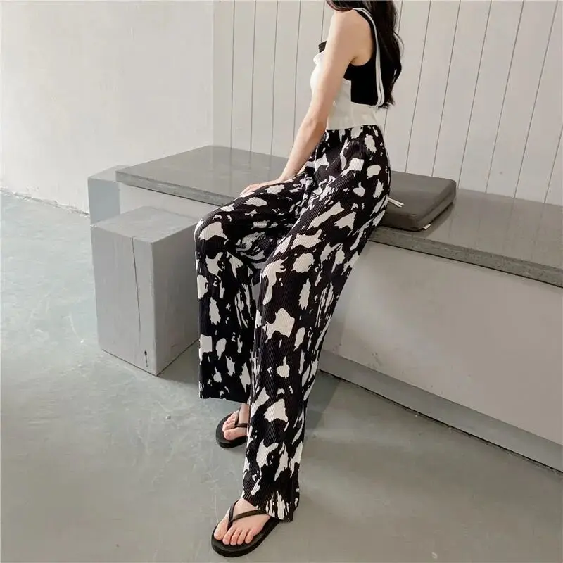 

Tie Dye 2021 Summer Ice Silk Elastic Waist Women's Pants Japanese-Style Fashion Wide Leg Pants Female Streetwear Casual Trousers