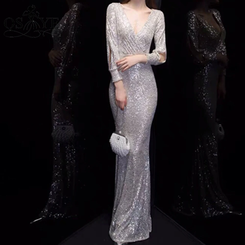 Серебряное женское вечернее платье с юбкой-годе длинное V-образным вырезом и