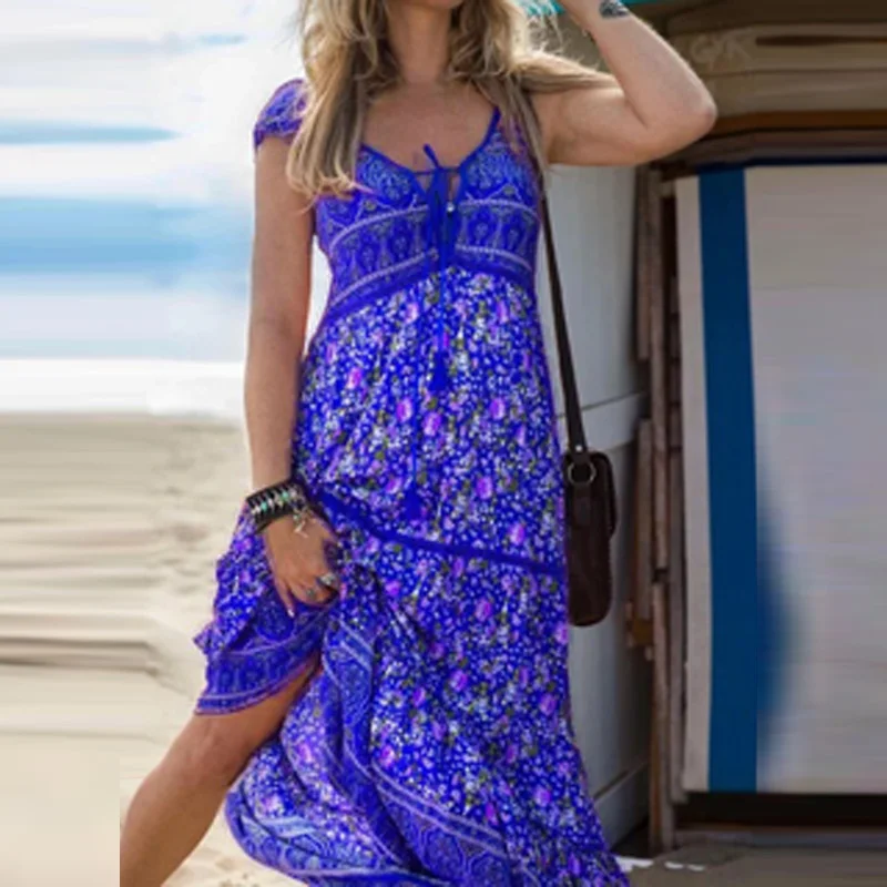 

Women Casual Floral Print Summer Beach Dress 2021 Spring V-neck Lace-up Tassel Party Dress Fashion Short Sleeve Loose Lady Dress