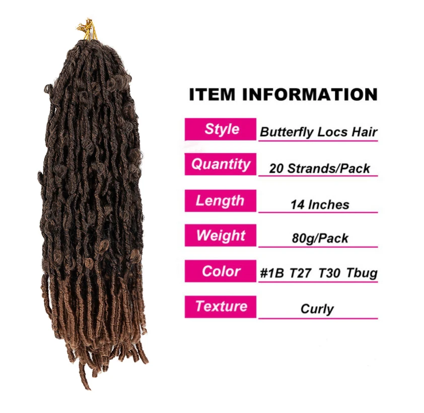 Butterfly Faux Locs Crochet Goddess Braids Synthetic Hair Extensions 20 Strands/pack 14inch Natural Black Braiding Hair BY195