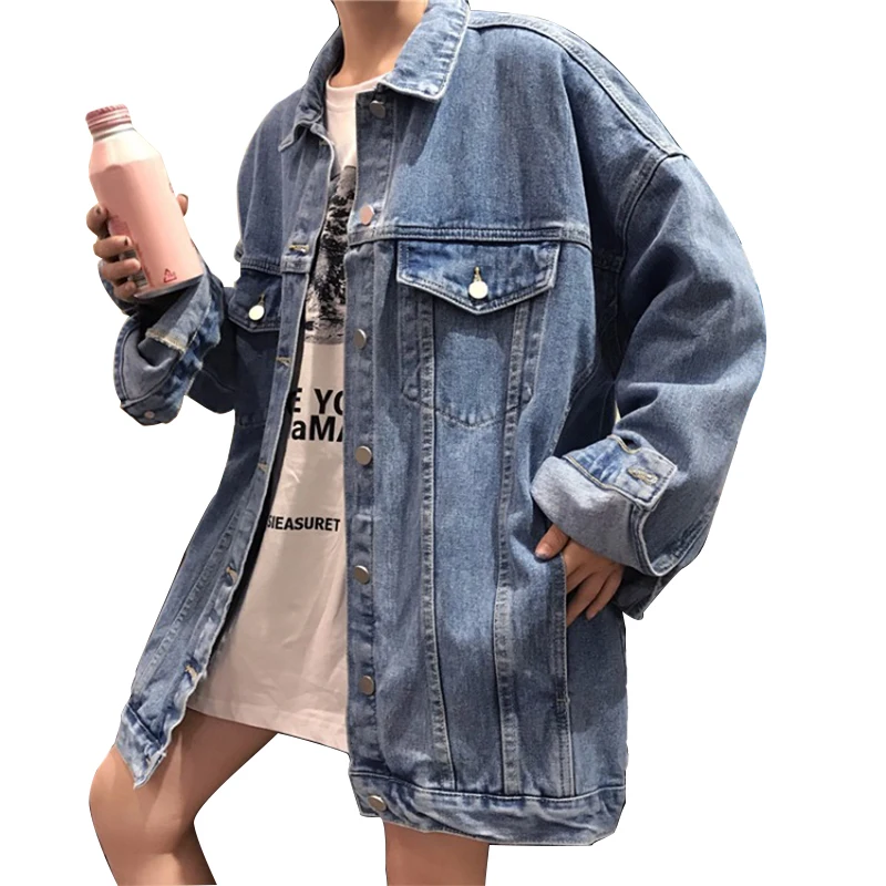 Однотонная джинсовая куртка для женщин свободная повседневная Синяя Женская