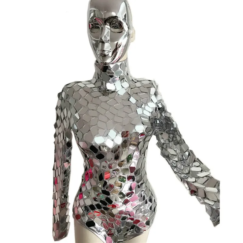 Блестящие Блестки боди маска машина танцевальный костюм серебряные зеркала