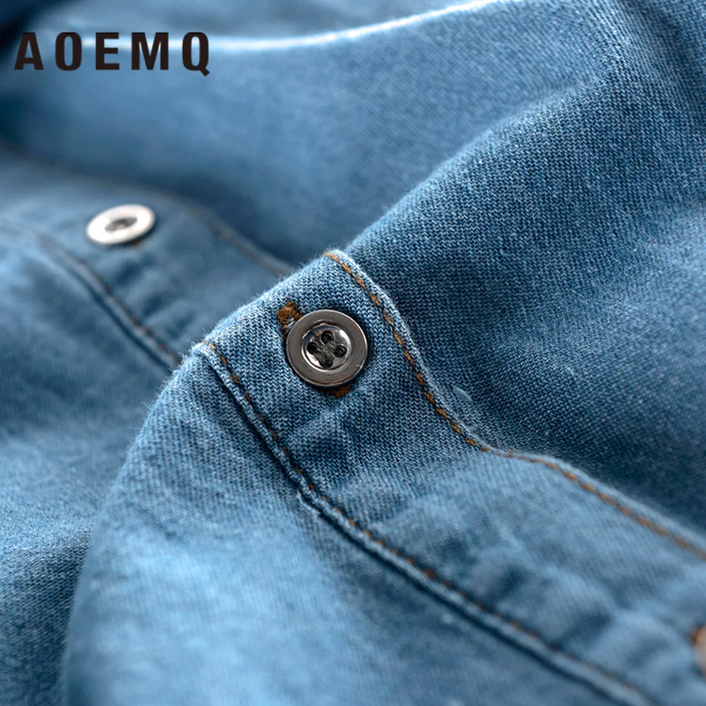 AOMEQ джинсовая синяя рубашка осеннее платье с отложным воротником ТРАПЕЦИЕВИДНОЕ