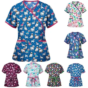 Women Pockets T-shirts tops Short Sleeve Neck Tops Working Uniform T-shirts Female working nurse uniform cute T-Shirts топ