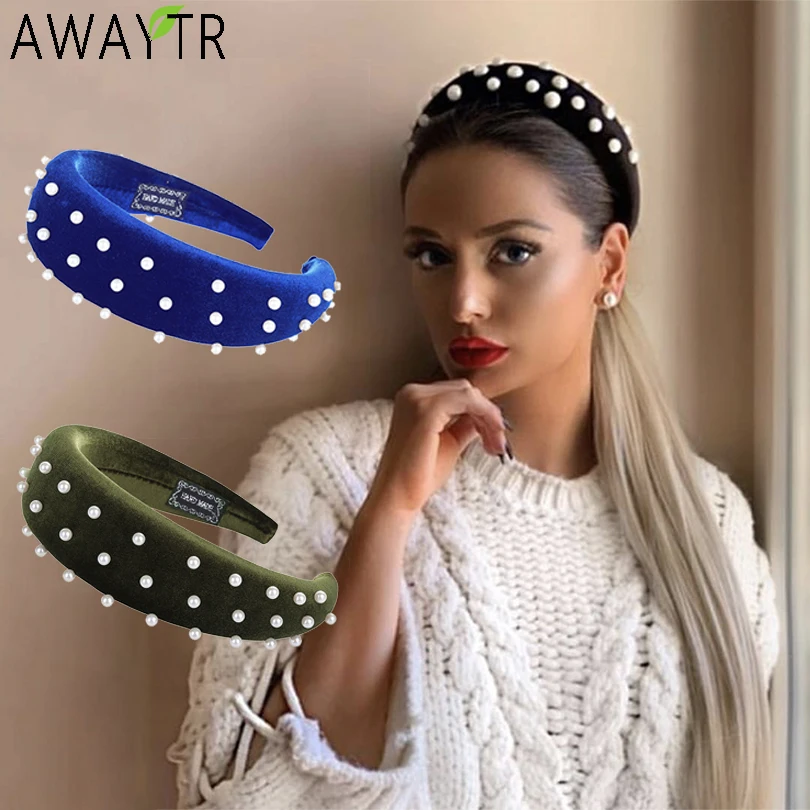 

AWAYTR Fashion Pearl Thickening Velvet Headbands Hari Hoop 5CM Solid Wide Girl Hairbands Women for Hair Accessories Headwear