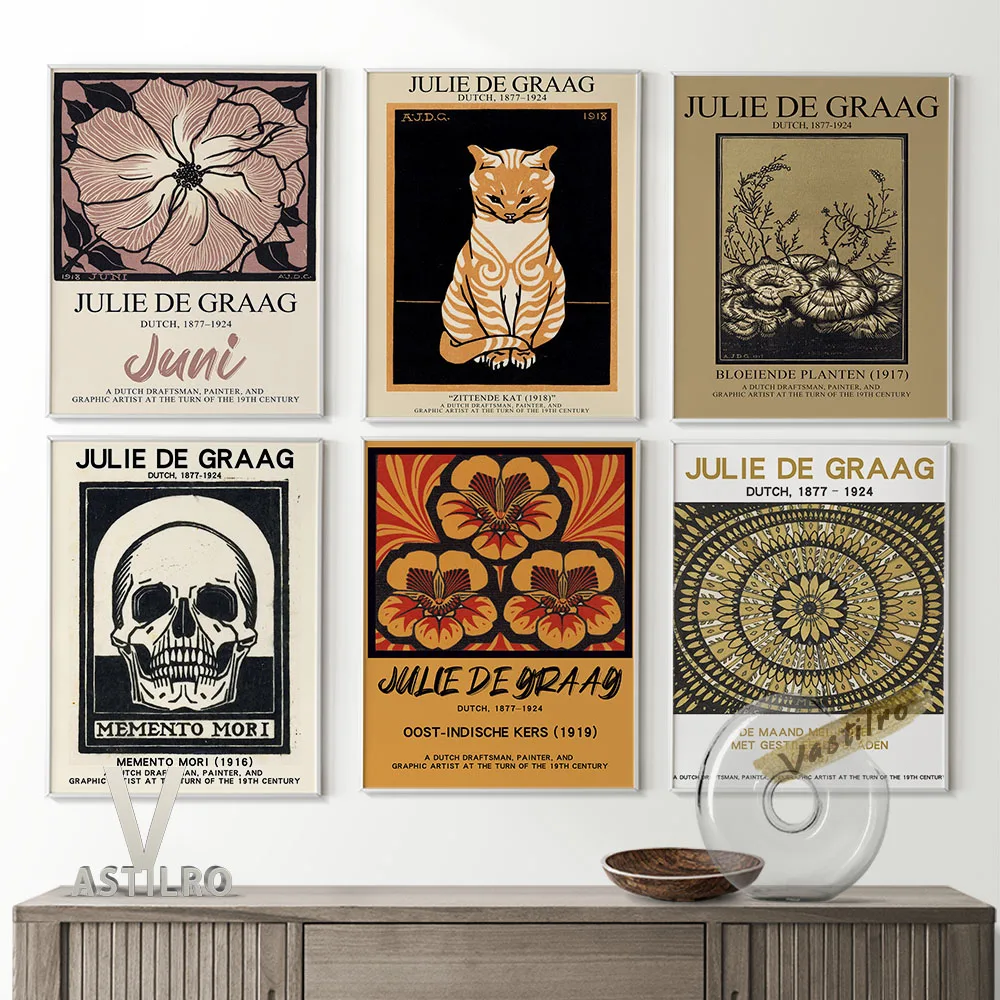 

Julie De Graag Vintage Illustration Exhibition Art Prints Poster Abstract Skull Cat Flower Canvas Painting Wall Stickers Decor