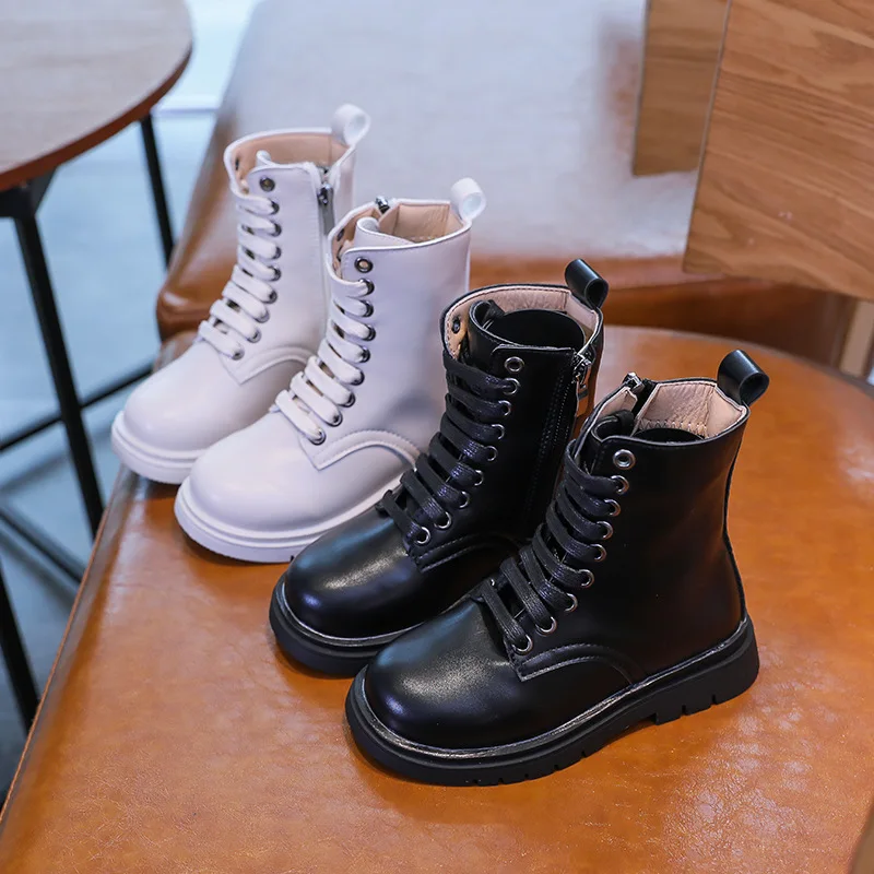 

Children Solid Boots for Girls Kids Fashion Sewing Winter Thick Bottom Non-slip Korean Ankle Boots for Boys Side Zip PU Boots