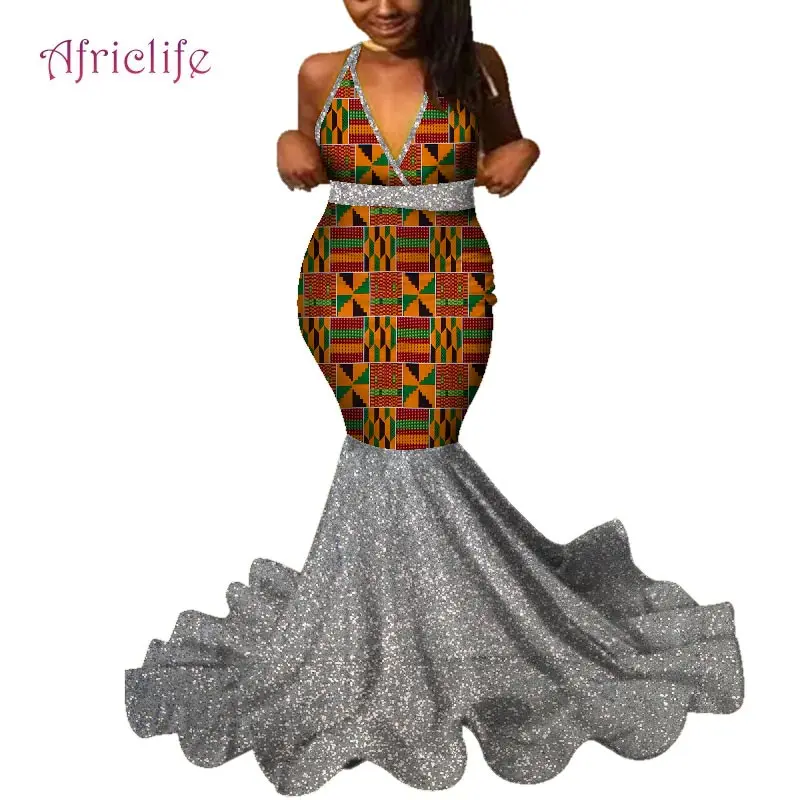 Dashiki African Wedding Long Skirt Sexy Deep V Party Dresses for Women African Print Sleeve Women Clothing WY4641