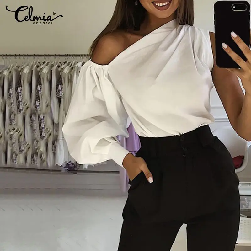 Женская Асимметричная блузка с открытыми плечами размера плюс длинными рукавами