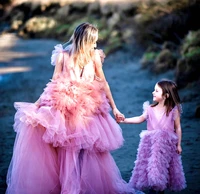 pink ball gown dress v neck lush tulle evening dress daughters dress for photoshoot parent child outfit soft wedding dresses