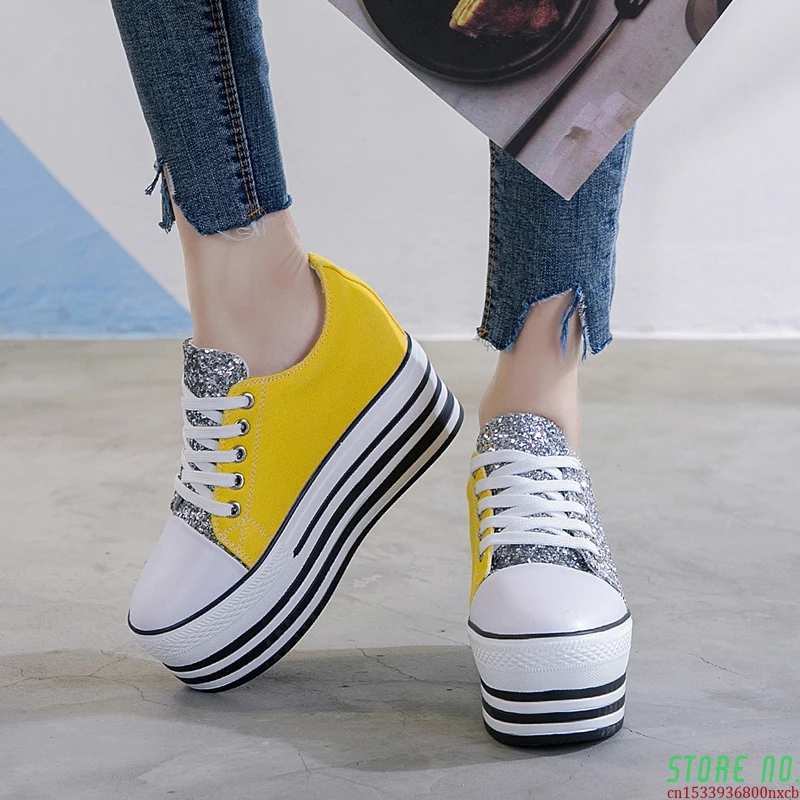 

Женские парусиновые туфли, повседневные дышащие кроссовки на танкетке 9 см, с блестками, на плоской платформе, 2021