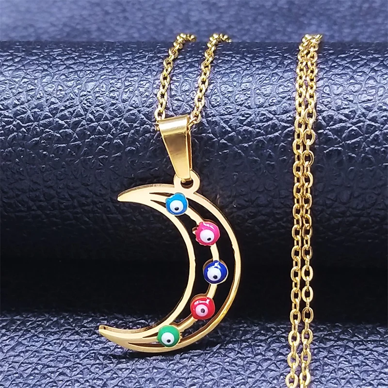 

Moon Colorful Turkey Eyes Stainless Steel Chain Necklaces Women Gold Color Islam Muslim Necklaces jewlery collares N5215S04