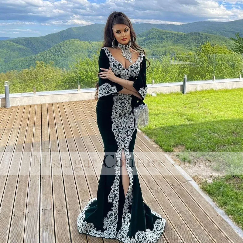 

Traditional Mermaid Prom Dresses 2021 V-neck Appliques Arabic Evening Dress Robe De Soire Sirene