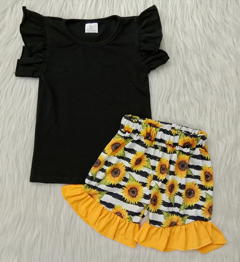 

2020 Hot Sale Summer Style Girls Boutique Baby Outfit Print & Soild Fultter Sleeve Set Children Clothing Sets Girl Clothing