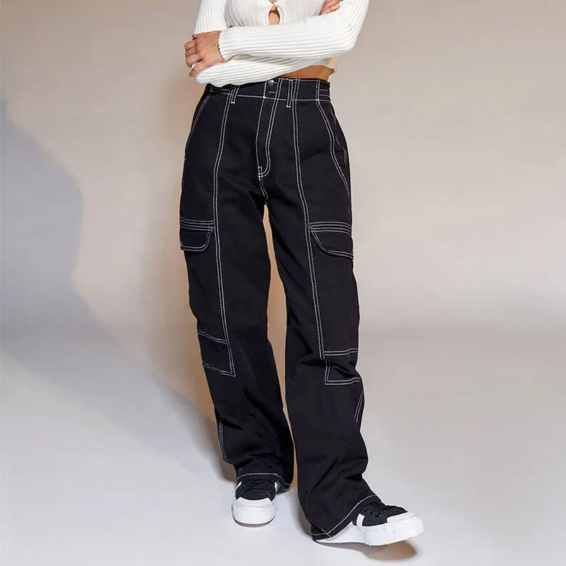 

2022 Autumn Women's Black High Waist Straight Leg Jeans Fashion Ladies Casual Loose Wide Leg Denim Pants with Pockets New