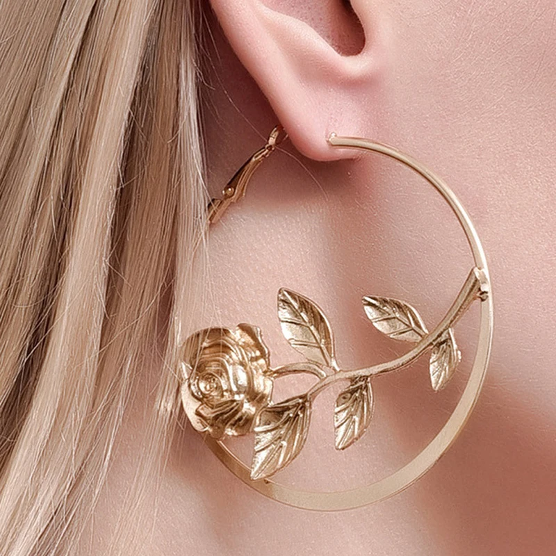 

Elegance Gold Color Big Rose Drop Dangle Earrings For Women Trendy Metal Hollow Out Circle Flower Earrings Party Jewelry Gift