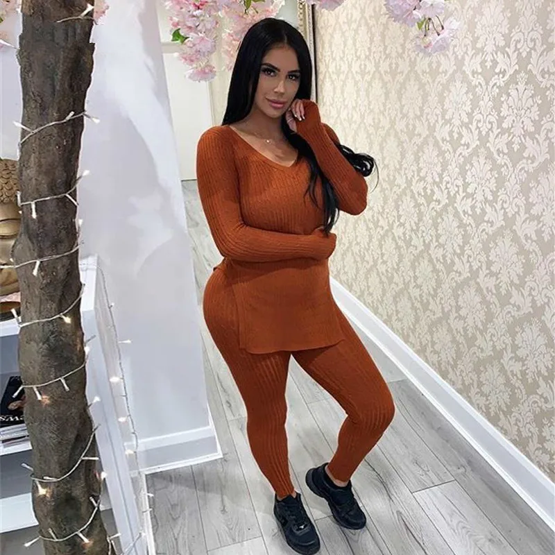 Вязаные комплекты из двух предметов Осень Зима с длинным рукавом сплит топ и