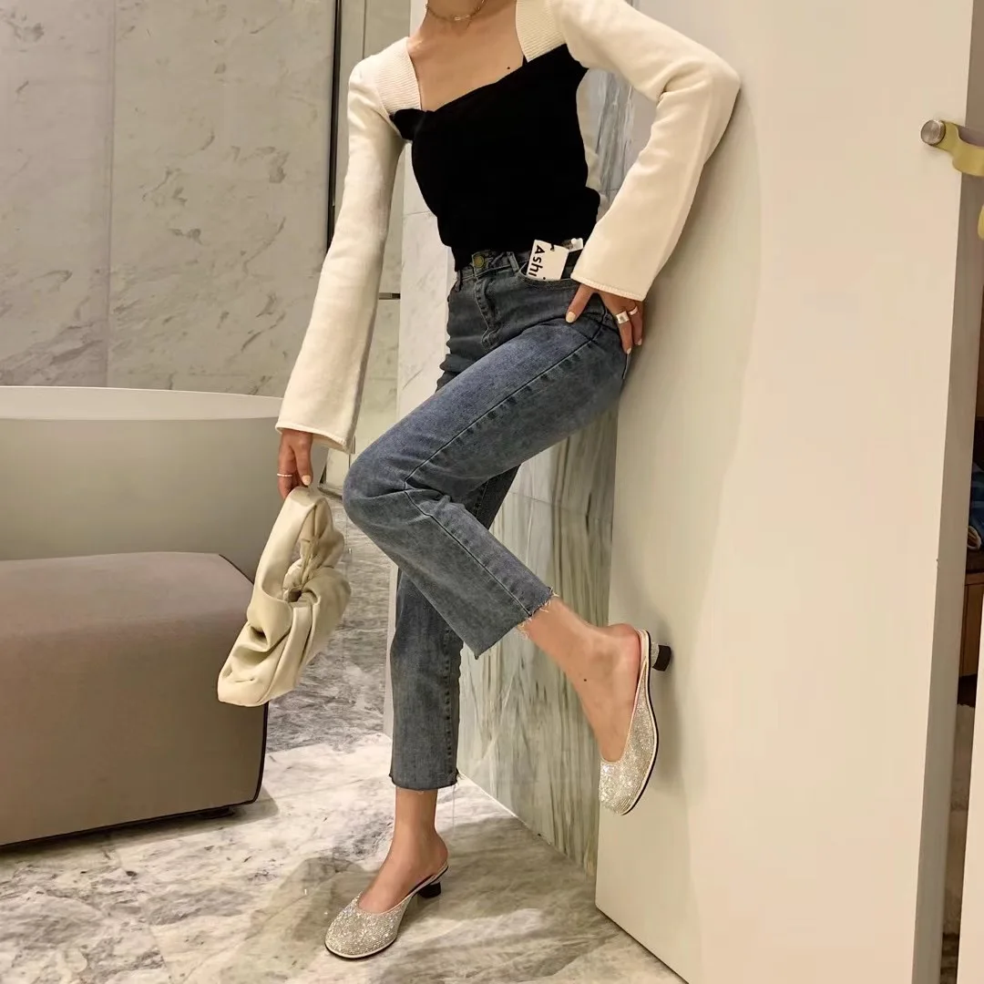 

Round Toe Women Slippers Full Rhinestone Slides Round Mid Heels Shallow Slip On Mules Summer Casual Slippers Blue Beige Yellow