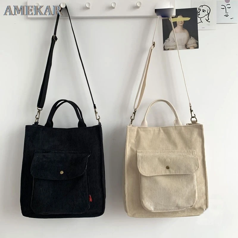 

Corduroy Shoulder Bag Women Vintage Shopping Bags Zipper Girls Student Bookbag Handbags Casual Tote With Outside Pocket