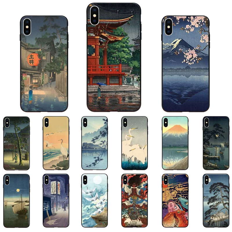 

Japanese style Art Crane Mountain Phone Case for iphone 13 12 11 Pro Max Case For iPhone 12mini XS MAX X XR SE2 8 7 Plus