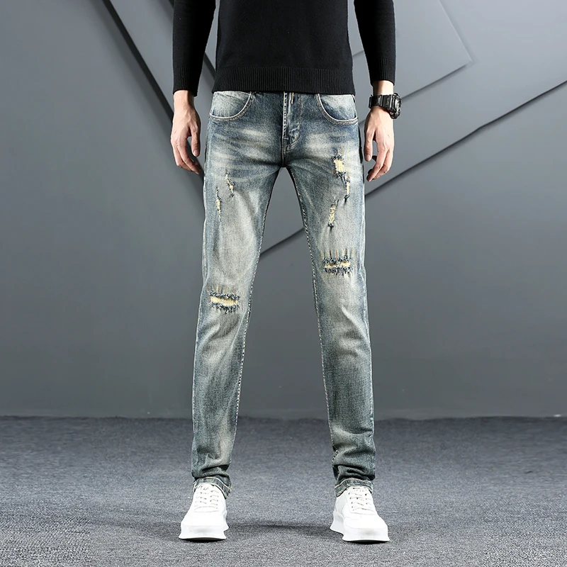 

Повседневные рваные джинсы в европейском и американском стиле ретро, мужские Стрейчевые узкие джинсы из денима, мужские потертые джинсы из ...