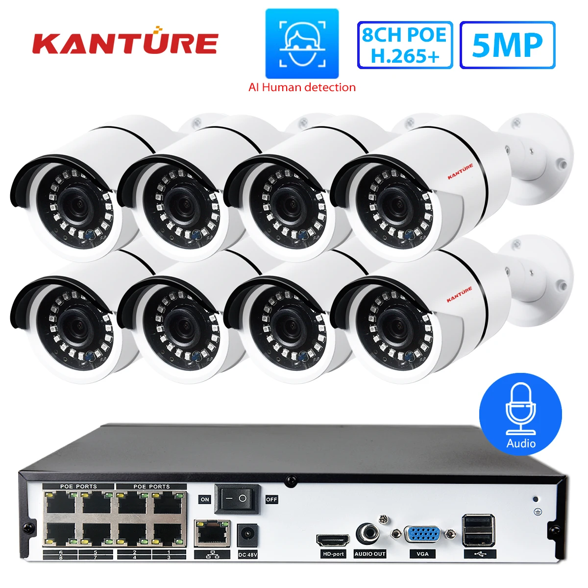 KANTURE H.265+ 8CH 5MP POE NVR система аудио запись 5MP Водонепроницаемая камера безопасности для улицы POE ip-камера система видеонаблюдения