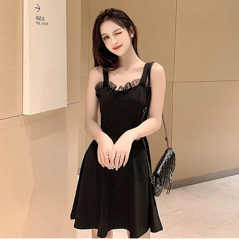 

Женское шифоновое платье-комбинация, короткое ТРАПЕЦИЕВИДНОЕ черное шифоновое платье без рукавов, весна-лето 2021