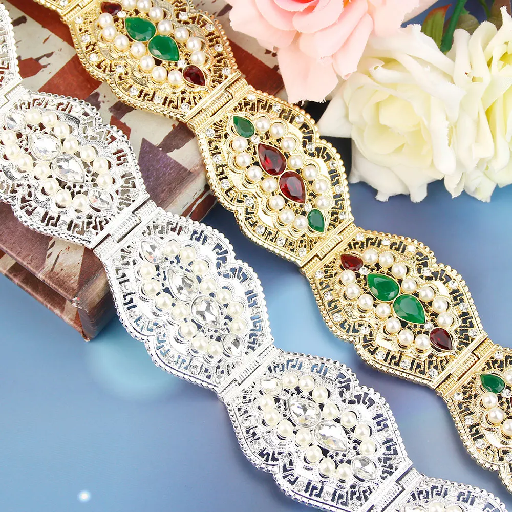 

Sunspicems Chic Algeria Morocco Belt Pearl For Women Europe Wedding Belt Jewelry Red Green Crystal Adjustable Length Bride Gift