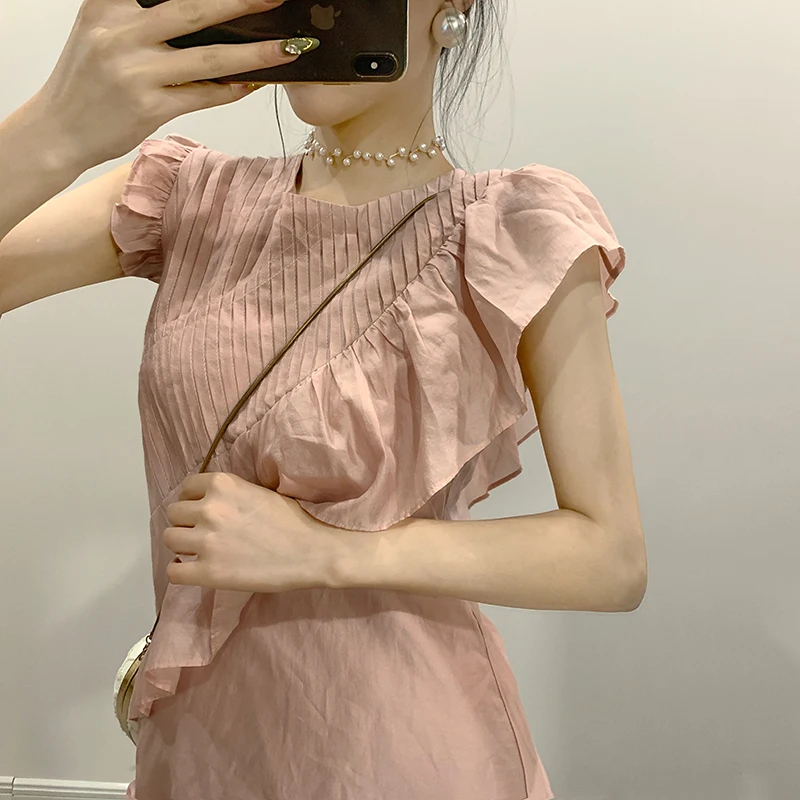 

2021 New Woman Pink Irregular Skirt Woman French Retro Sleeveless Summer Dress Elegant Casual Chic Sundress