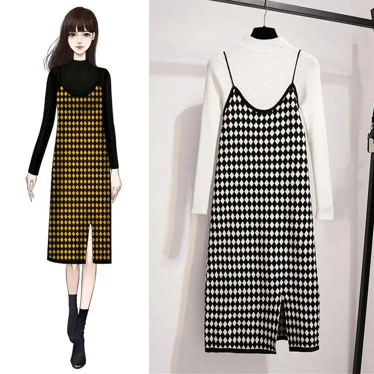 ICHOIX Женский комплект из 2 предметов корейское платье Повседневное миди в клетку