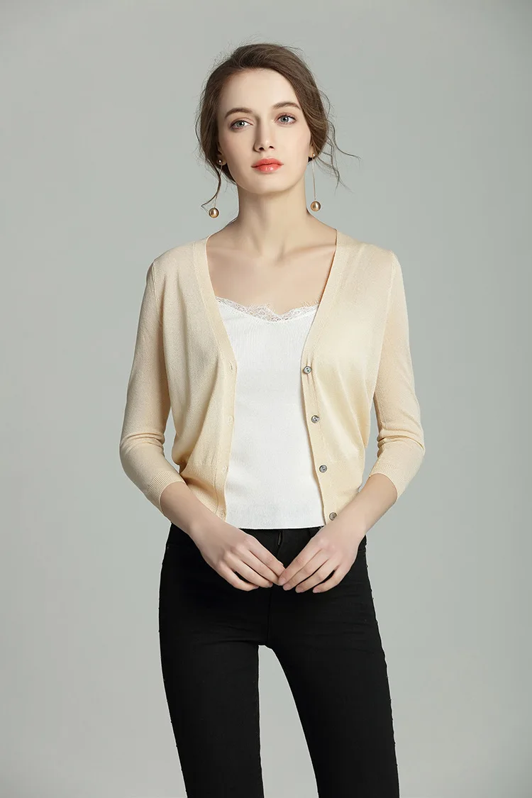 

Plus Size Women's Thin Cardigan Short Sleeves Three-quarter Sleeves V Neck New Knitted Sunscreen Summer Autumn Solid Color Tops