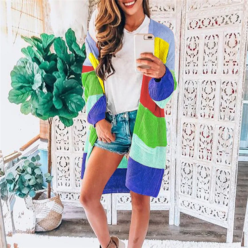 2019 осенне-зимнее вязаное Женское пальто вязаный кардиган в полоску с радужным