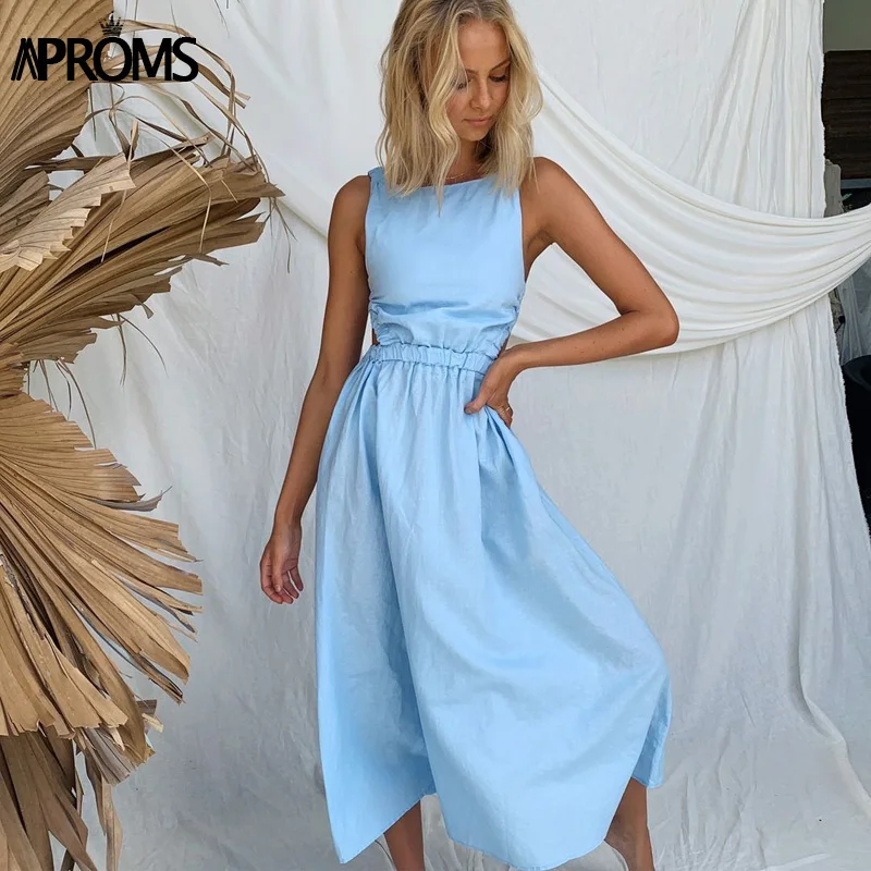Aproms Solid Color Open Back Midi Dress Women Summer 2021 Vintage Sleeveless Sundress Female Casual Backless A-line Party Dress