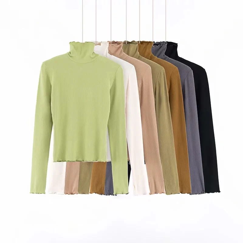 Футболка женская хлопковая эластичная с высоким воротником и длинным рукавом |