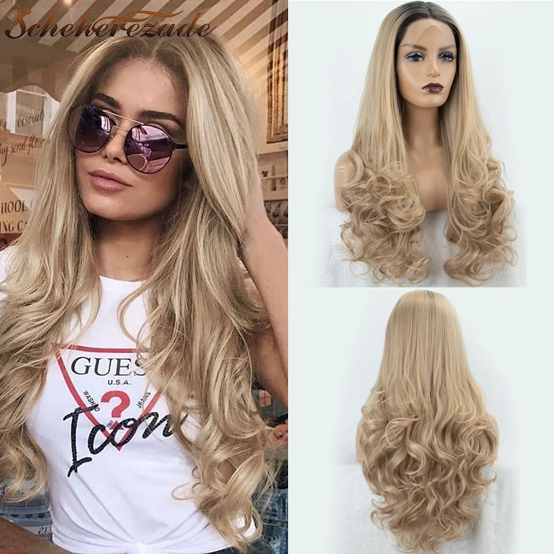 Ash Blonde Lace Front Wig Long Wavy Wig For Women Ombre Lace Front Wig Heat Resistant Fiber Cosplay Party 13×3 Wigs Scheherezade